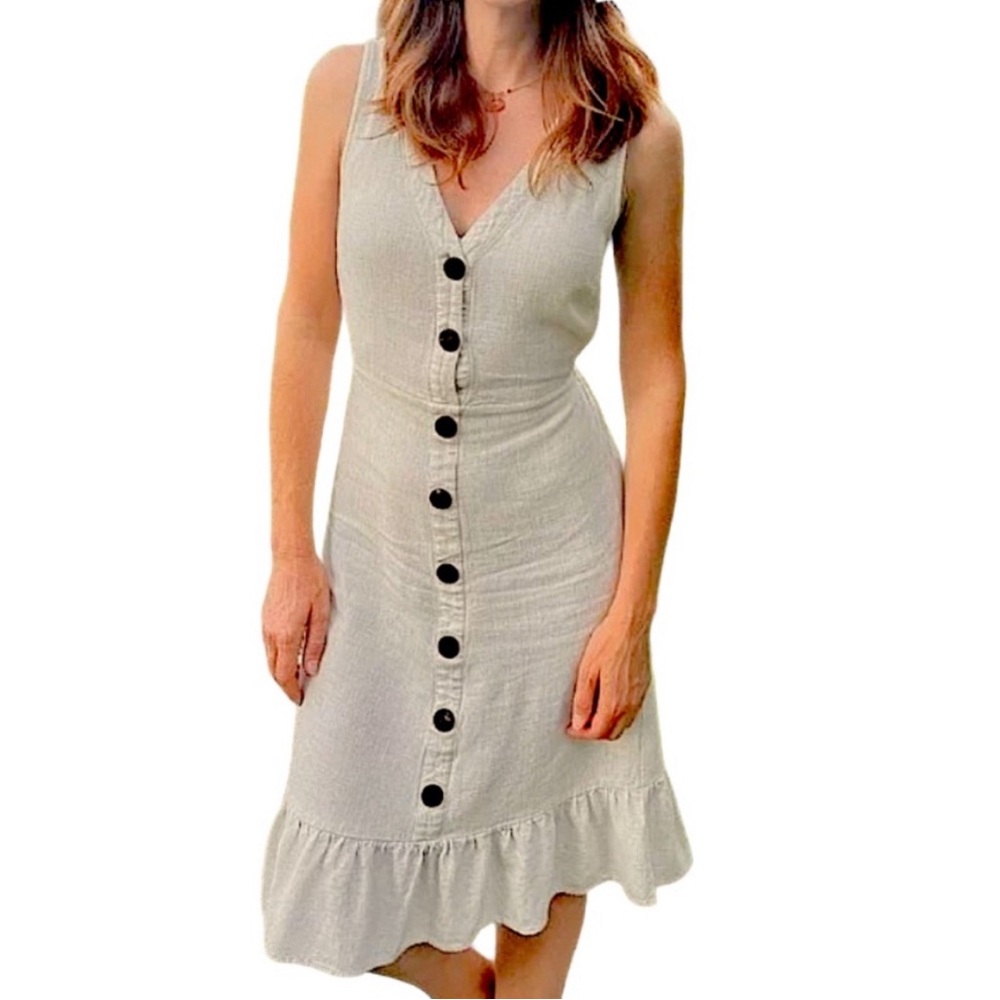 Monteau Los Angeles Small Beige Linen Button Front Ruffle Hem Midi Dress